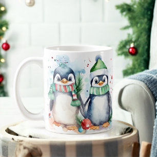Aquarellfarben Festliche Pinguine Weihnachtsfeiert Kaffeetasse