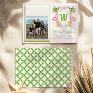 Aquarellfarben Flamingo Monogram Wappen Foto Feiertagskarte