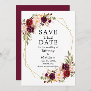 Aquarellfarben floral Burgundi Gold Geo Frame Save The Date