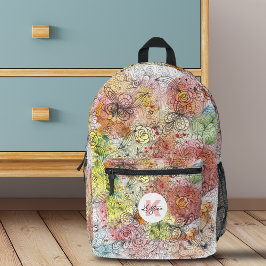 Aquarellfarben Floral Doodname und Monogramm Bedruckter Rucksack