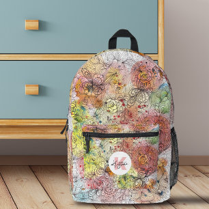 Aquarellfarben Floral Doodname und Monogramm Bedruckter Rucksack