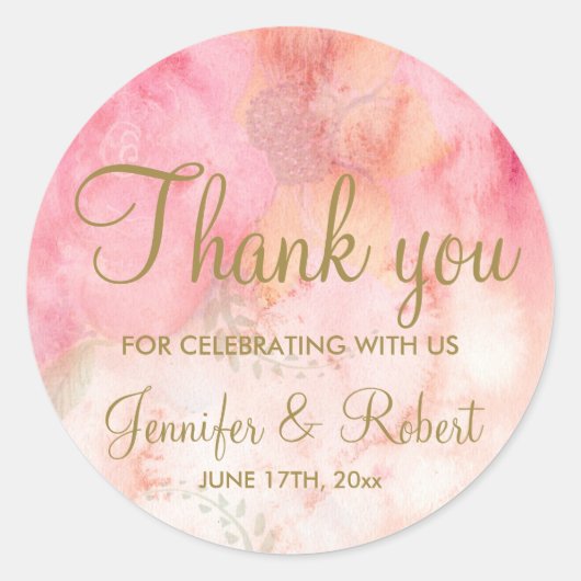 Aquarellfarben Floral Pink Gold Danke Sticker (Vorderseite)