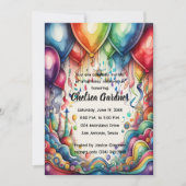 Aquarellfarben Geburtstagsballons farbenfroh Einladung (Vorderseite)