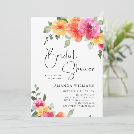 Aquarellfarben Hellrosa Blume Brautparty Foto Einladung (Stehend Vorderseite)