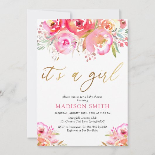Aquarellfarben, hellrosa Blütenbaby Girl Dusche Einladung (Vorderseite)