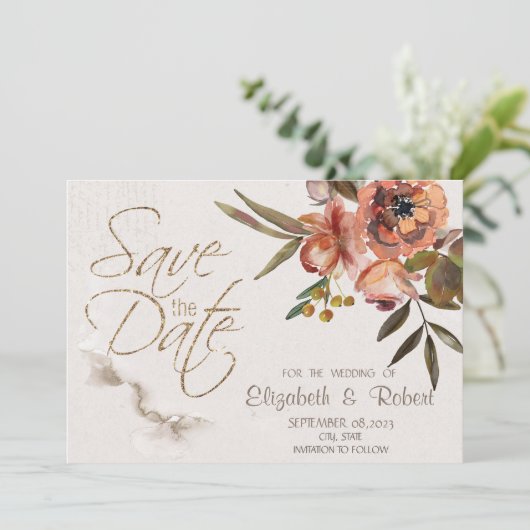 Aquarellfarben Herbst-Blume Save the Date (Stehend Vorderseite)