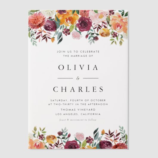 Aquarellfarben Herbst Blüten Garland Hochzeit im H Pergament Einladungen (Vorderseite)