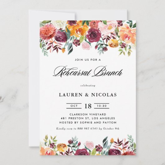 Aquarellfarben Herbst Blüten Garland Probe Brunch Einladung (Vorderseite)