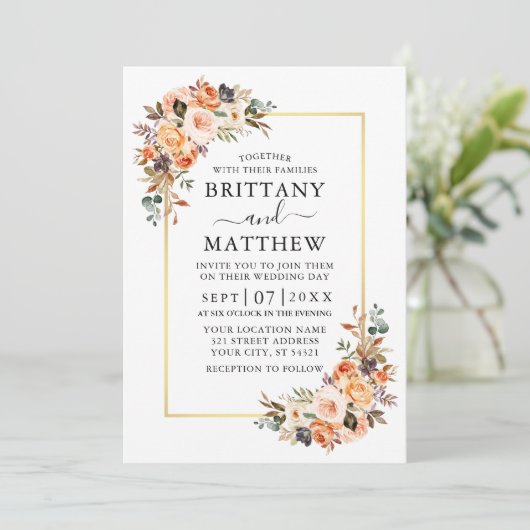 Aquarellfarben Herbst Blütenhochzeit Gold-Sage Grü Einladung (Stehend Vorderseite)