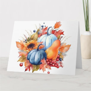 Aquarellfarben Herbst Sonnenblumen & Blaue Pumpkin Karte