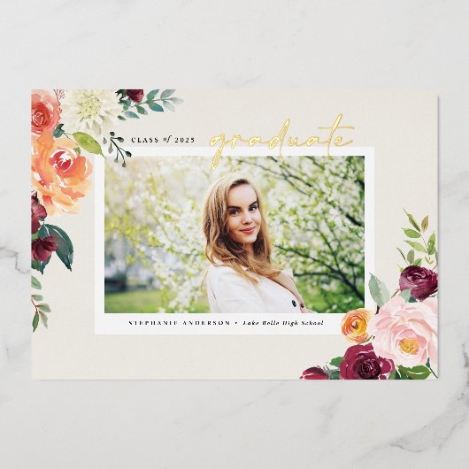 Aquarellfarben Herbstblüten Foto Abschluss Folieneinladung (Vorderseite)