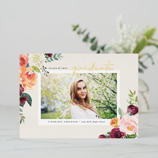 Aquarellfarben Herbstblüten Foto Abschluss Folieneinladung (Stehend vorne)