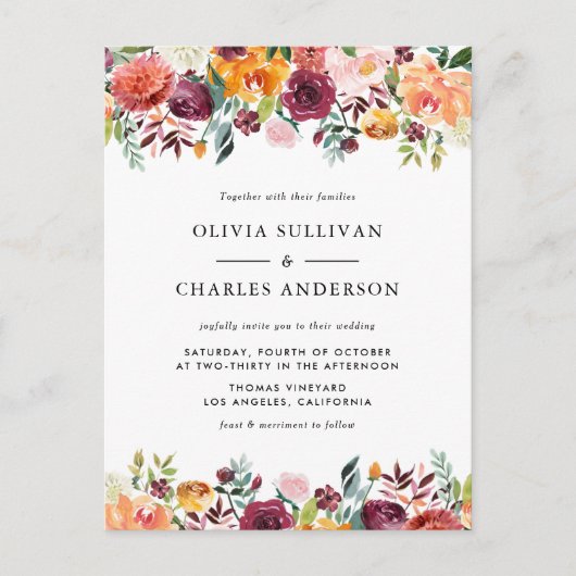 Aquarellfarben Herbstblüten QR-Hochzeit im Herbst Einladungspostkarte (Vorderseite)