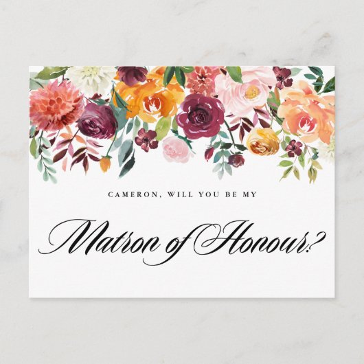 Aquarellfarben Herbstblüten sind meine Ehrenmatron Einladungspostkarte (Vorderseite)