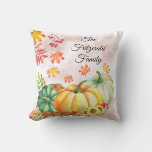 Aquarellfarben-Herbstlaub und Kürbisname-Monogramm Kissen