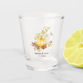 Aquarellfarben Herbstpumpen und Blätter Gastgesche Schnapsglas