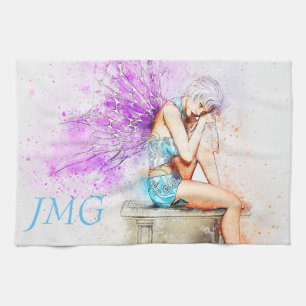 Aquarellfarben in Blau mit Monogramm Geschirrtuch