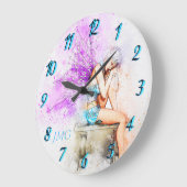 Aquarellfarben in Blau mit Monogramm Große Wanduhr (Winkel)