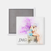 Aquarellfarben in Blau mit Monogramm Magnet (Vorderseite/Rückseite)