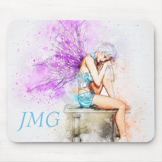 Aquarellfarben in Blau mit Monogramm Mousepad (Vorne)