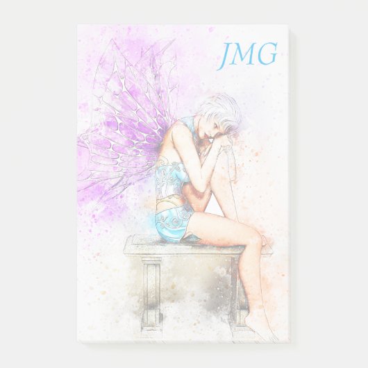 Aquarellfarben in Blau mit Monogramm Post-it Klebezettel (Vorderseite)