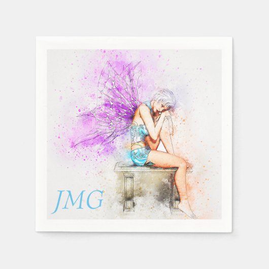 Aquarellfarben in Blau mit Monogramm Serviette (Vorderseite)