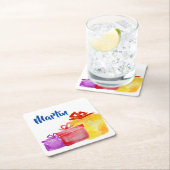 Aquarellfarben in Gelb, lila, Rot, Rechteckiger Pappuntersetzer (Vor Ort)