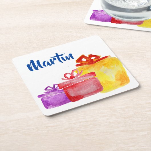 Aquarellfarben in Gelb, lila, Rot, Rechteckiger Pappuntersetzer (angewinkelt)