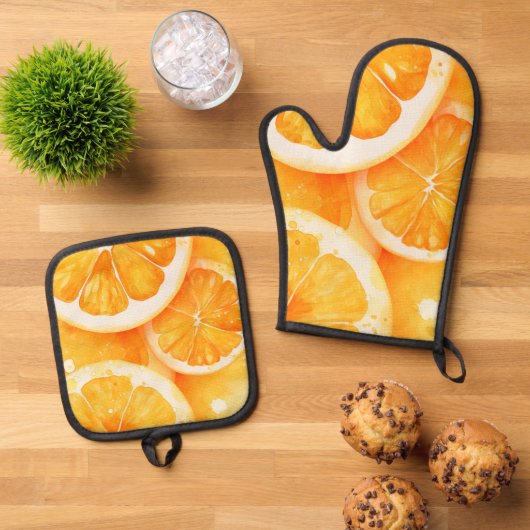 Aquarellfarben Juicy Orange Slices Ofenhandschuh & Topflappen-Set (Oben Unten)