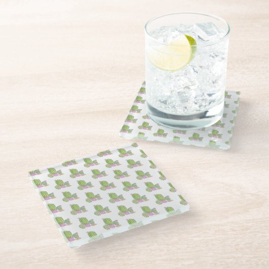 Aquarellfarben-Kaktus Blumenmuster Rosa Grün Glasuntersetzer (Schrägansicht)