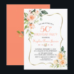 Aquarellfarben Korallenkoralle Gold Rahmen 50. Geb Einladung<br><div class="desc">JEDES ALTER! Elegantes Kartendesign mit feinen, korallenfarbenen Blume und grünen Blätter, einem vergoldeten Rahmen aus Imitaten, einem Blumenspalter auf weißem Hintergrund. Auf der Rückseite weiße Blume Bouquet auf lebendigen Korallenuntergrund. Verwenden Sie das Tool Personalize, um Ihre Informationen hinzuzufügen, Schriftart zu ändern, die Farben des Schriftartes zu ändern. Für passende Artikel...</div>