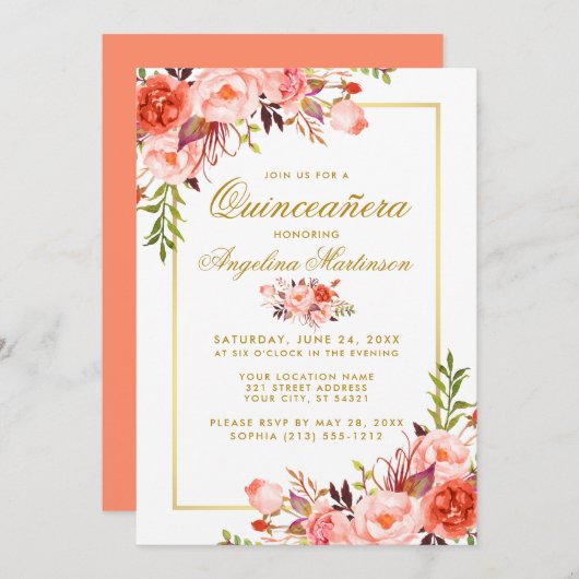 Aquarellfarben Korallenkoralle Quinceanera Goldrah Einladung (Vorne/Hinten)