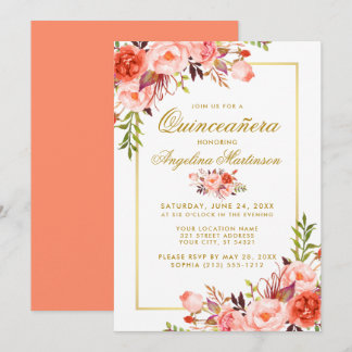 Aquarellfarben Korallenkoralle Quinceanera Goldrah Einladung