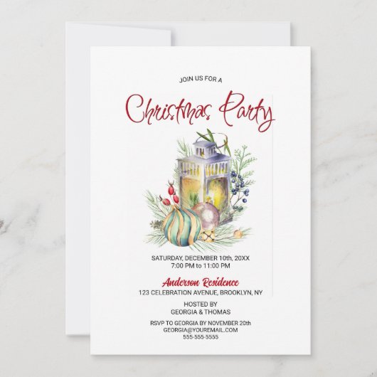 Aquarellfarben Laterne und Baubles Weihnachtsgebäc Einladung (Vorderseite)