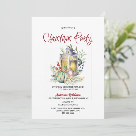 Aquarellfarben Laterne und Baubles Weihnachtsgebäc Einladung (Stehend Vorderseite)