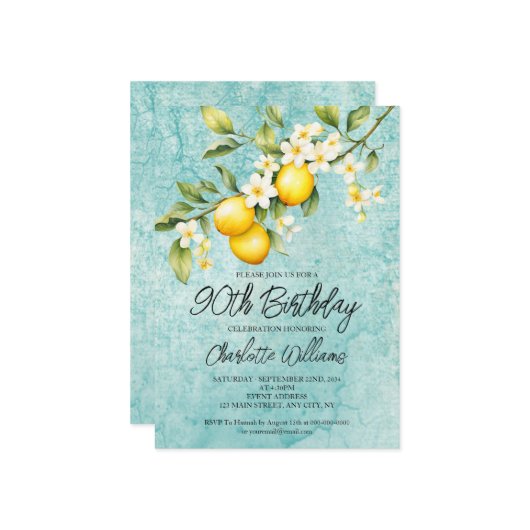 Aquarellfarben Lemon Thema 90. Geburtstag Einladung (Vorderseite/Rückseite Beispiel)
