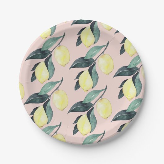 Aquarellfarben Lemonen und Blätter Gelb Nahtloses Pappteller (Vorderseite)