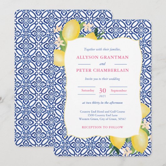 Aquarellfarben Lemons Blue Tiles Amalfi Wedding Einladung (Vorne/Hinten)