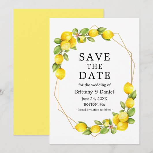 Aquarellfarben Lemons Greenery Geo Frame Save the  Date (Vorne/Hinten)