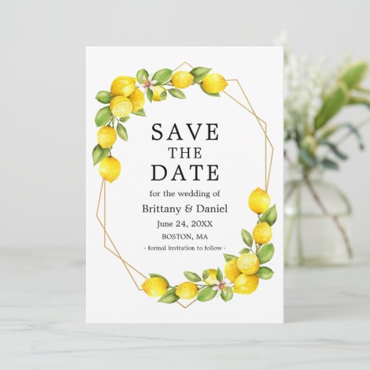 Aquarellfarben Lemons Greenery Geo Frame Save the Save The Date (Stehend Vorderseite)