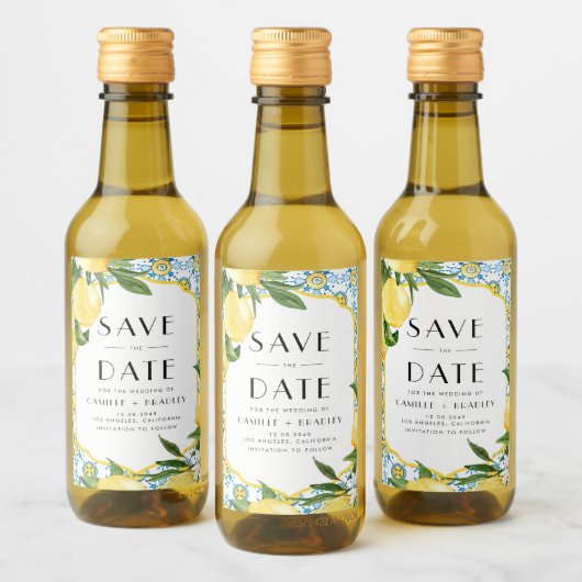 Aquarellfarben Lemons Mittelmeer Save the Date Weinetikett (Flaschen)