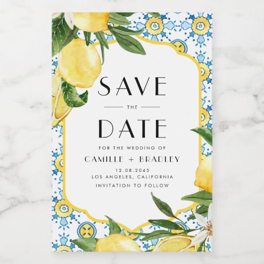 Aquarellfarben Lemons Mittelmeer Save the Date Weinetikett (Einzelnes Label)