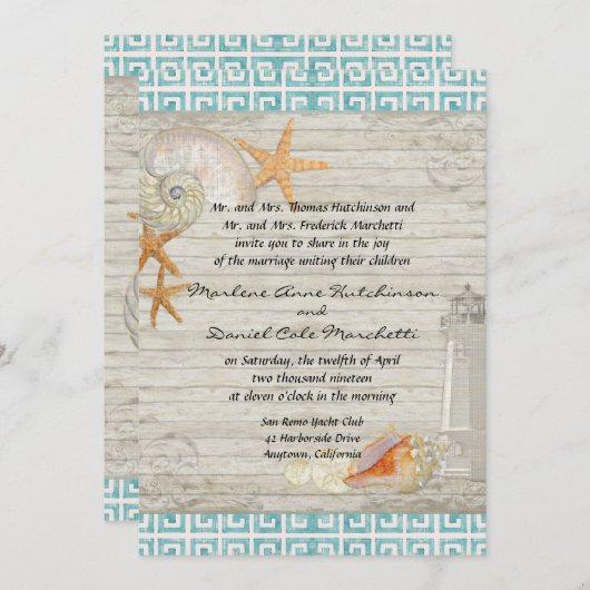 Aquarellfarben Leuchtturm Muscheln Beach Hütte Hoc Einladung (Vorne/Hinten)