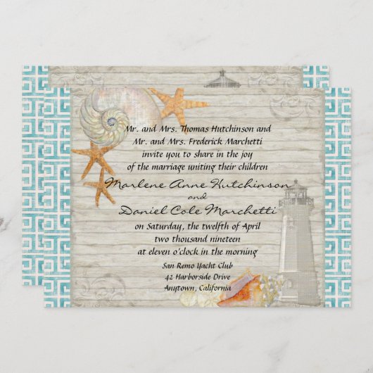 Aquarellfarben Leuchtturm Muscheln Beach Hütte Hoc Einladung (Vorne/Hinten)