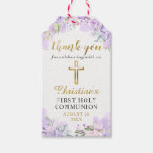 Aquarellfarben Lila Bläsergolden Erste Heilige Kom Geschenkanhänger (Vorderseite)