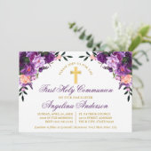 Aquarellfarben Lila Blüten Erste Kommune Gold Einladung (Stehend Vorderseite)