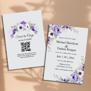 Aquarellfarben lila florale QR-Code Graue Hochzeit Einladung