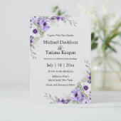 Aquarellfarben lila florale QR-Code Graue Hochzeit Einladung (Stehend Vorderseite)