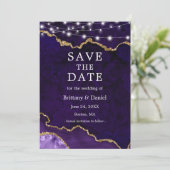 Aquarellfarben Lila Goldmarmor Agate Geode Lights Save The Date (Stehend Vorderseite)