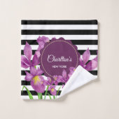 Aquarellfarben Lila Irische Schwarz-weiße Streifen Badhandtuch Set (Waschlappen)